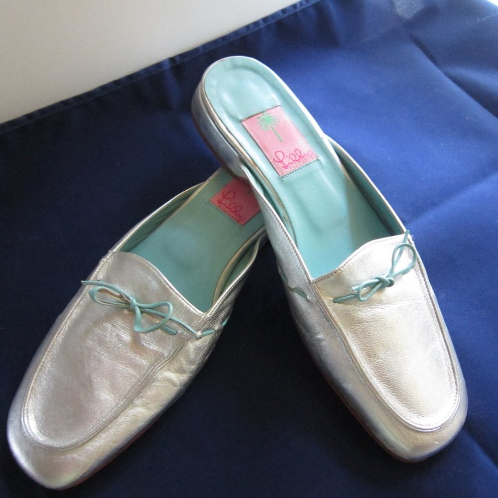 Lilly Pulitzer Silver leather mules turquoise trim